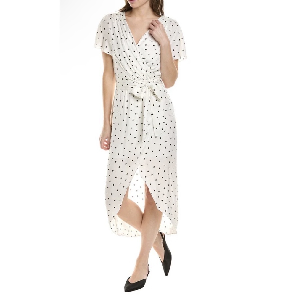 Alice + Olivia Ivory Midi Wrap Dress with Black Polka Dots
